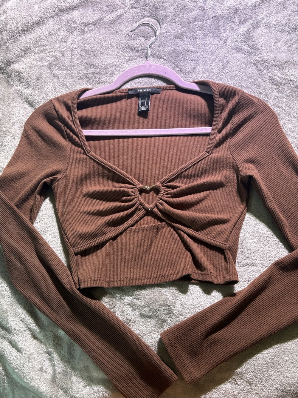 Forever 21 Brown Ribbed Twist-Center Long Sleeve Crop Top